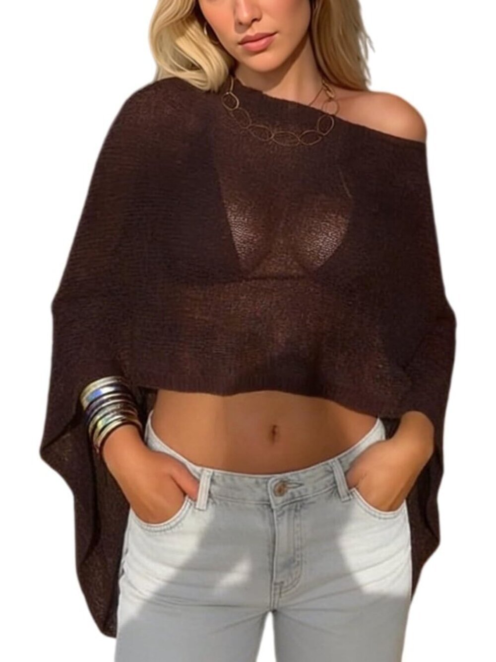 Women's Dark Brown Lightweight Knit Crochet Shrug Bolero Mesh Batwing Cover Up